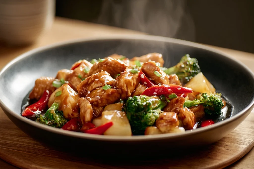 Pineapple chicken stir fry recipe served warm in a bowl ready to eat
