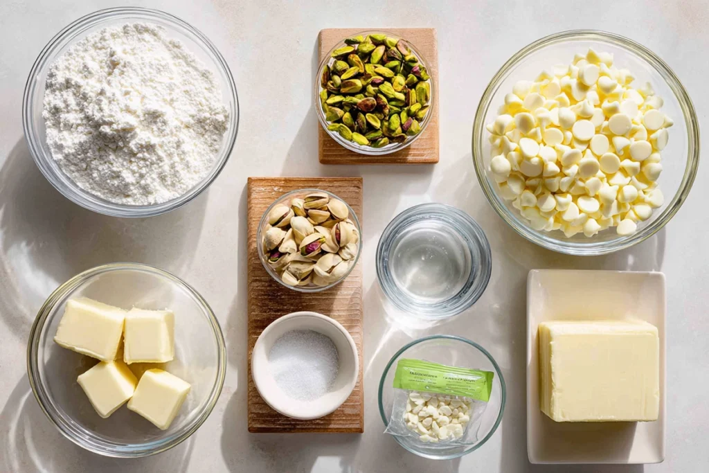 Ingredients for pistachio fudge arranged neatly on a kitchen counter