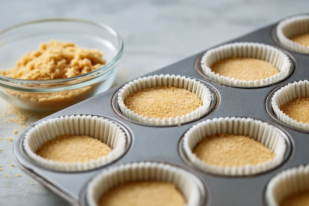 Pistachio Raspberry Cheesecake Cupcakes for When You Want Something Special 8 Graham cracker crust pressed into liners for Pistachio Raspberry Cheesecake Cupcakes