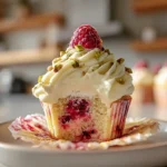 Pistachio Raspberry Cheesecake Cupcakes on a ceramic plate in a modern home kitchen
