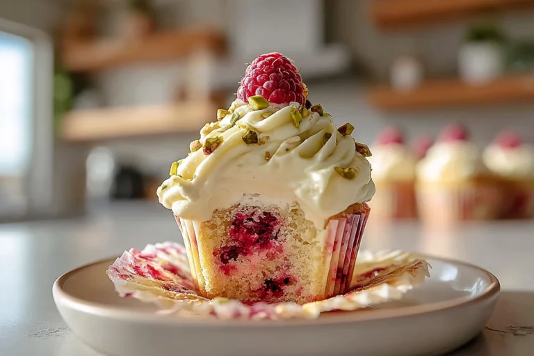 Pistachio Raspberry Cheesecake Cupcakes on a ceramic plate in a modern home kitchen