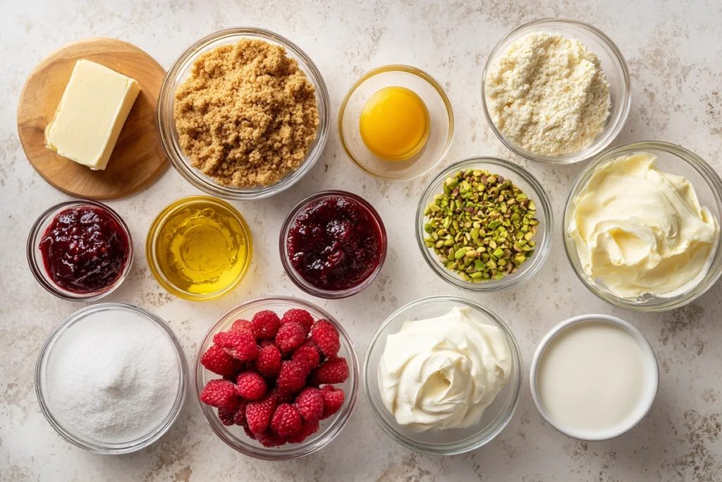 Pistachio Raspberry Cheesecake Cupcakes for When You Want Something Special 7 Ingredients for Pistachio Raspberry Cheesecake Cupcakes arranged neatly on a countertop