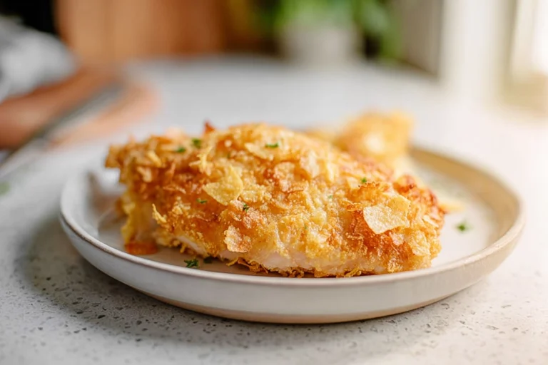 Potato Chip Chicken Recipe served hot and crispy on a modern plate