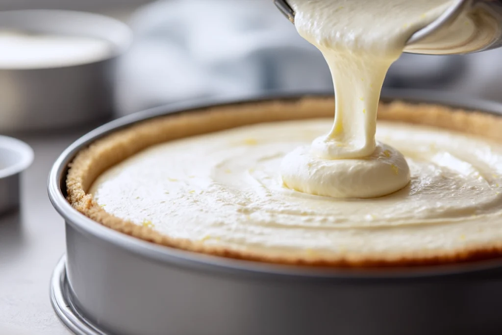 Pouring the lemon-infused cream cheese filling for strawberry lemonade cheesecake into crust