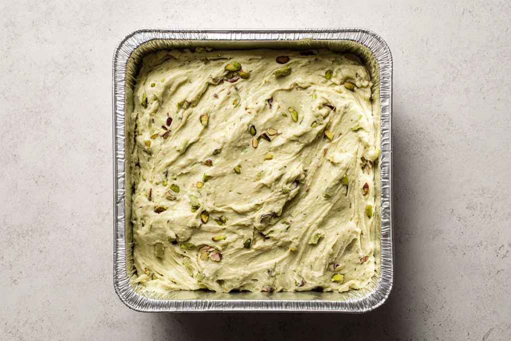 Pistachio fudge pressed evenly into a foil-lined baking pan