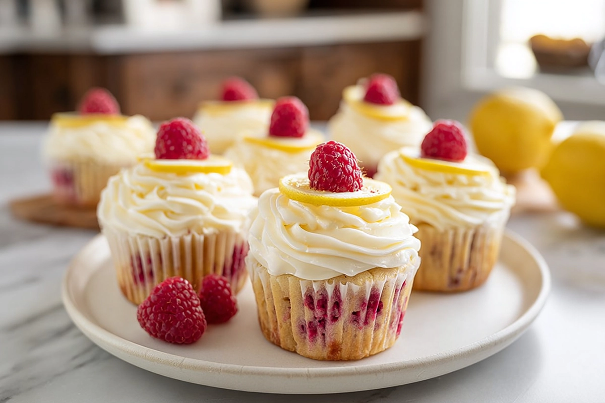 Raspberry Lemon Cupcakes topped with lemon cream cheese frosting and fresh raspberries
