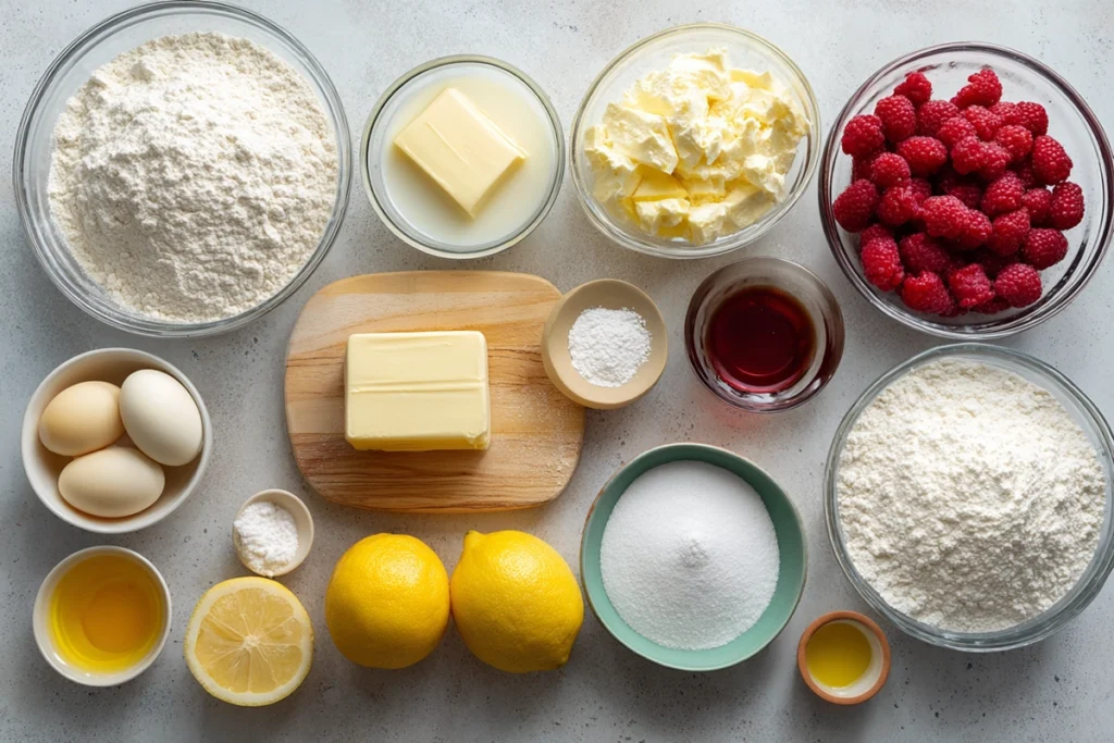Ingredients for Raspberry Lemon Cupcakes arranged on a kitchen counter
