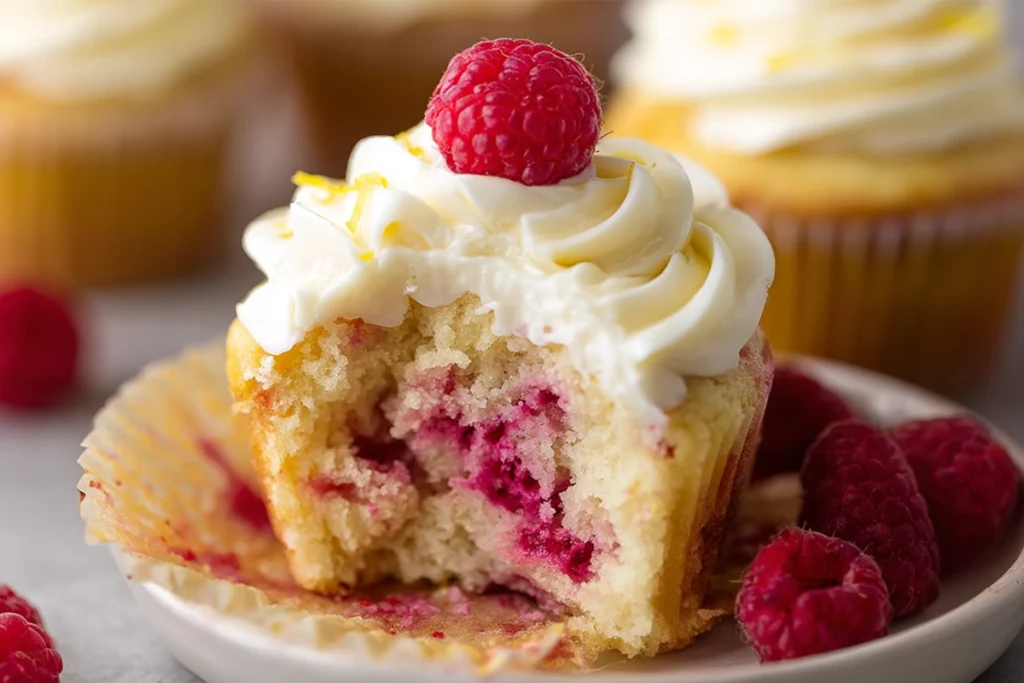 Raspberry Lemon Cupcakes with a bite showing moist crumb and raspberries