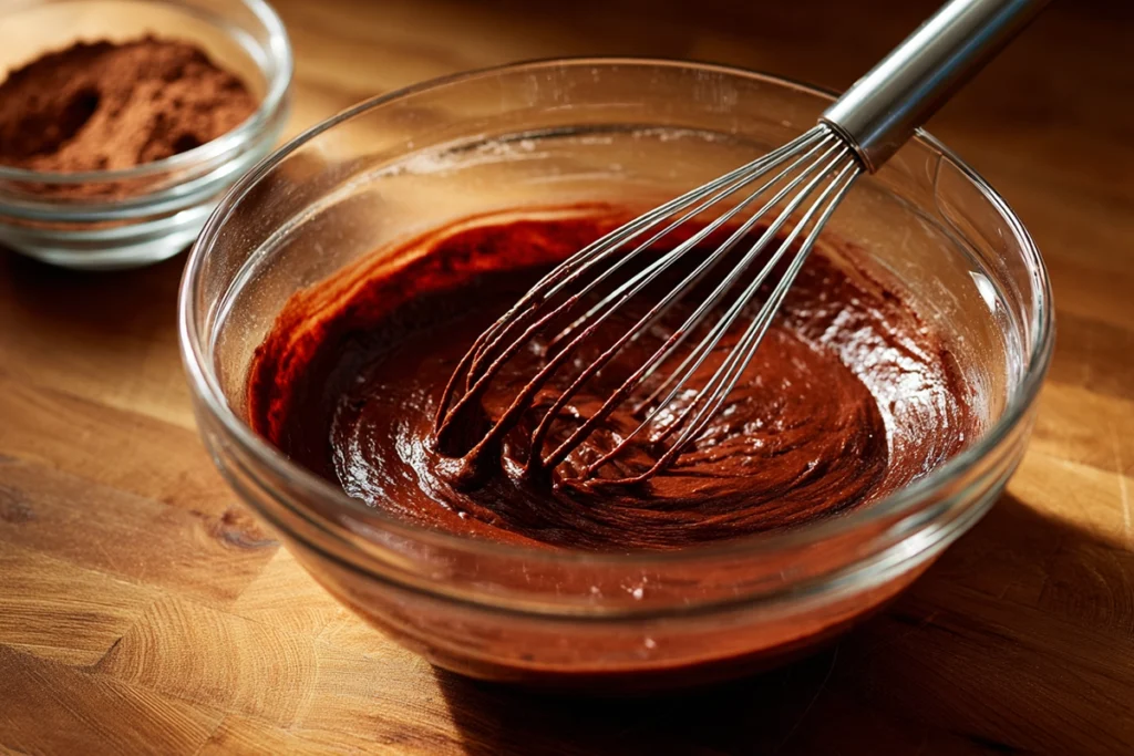 Red velvet brownie cheesecake batter mixed until smooth and glossy