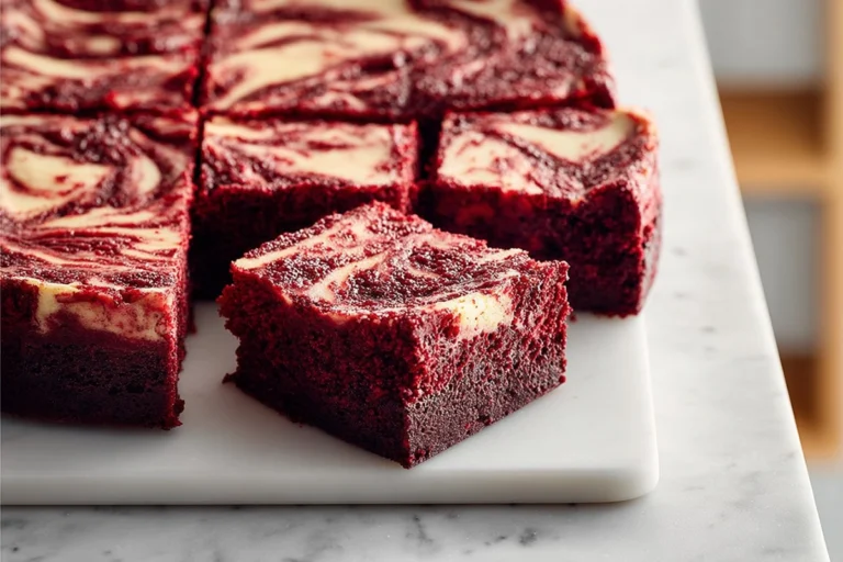Red velvet brownie cheesecake with creamy cheesecake swirl on a modern plate