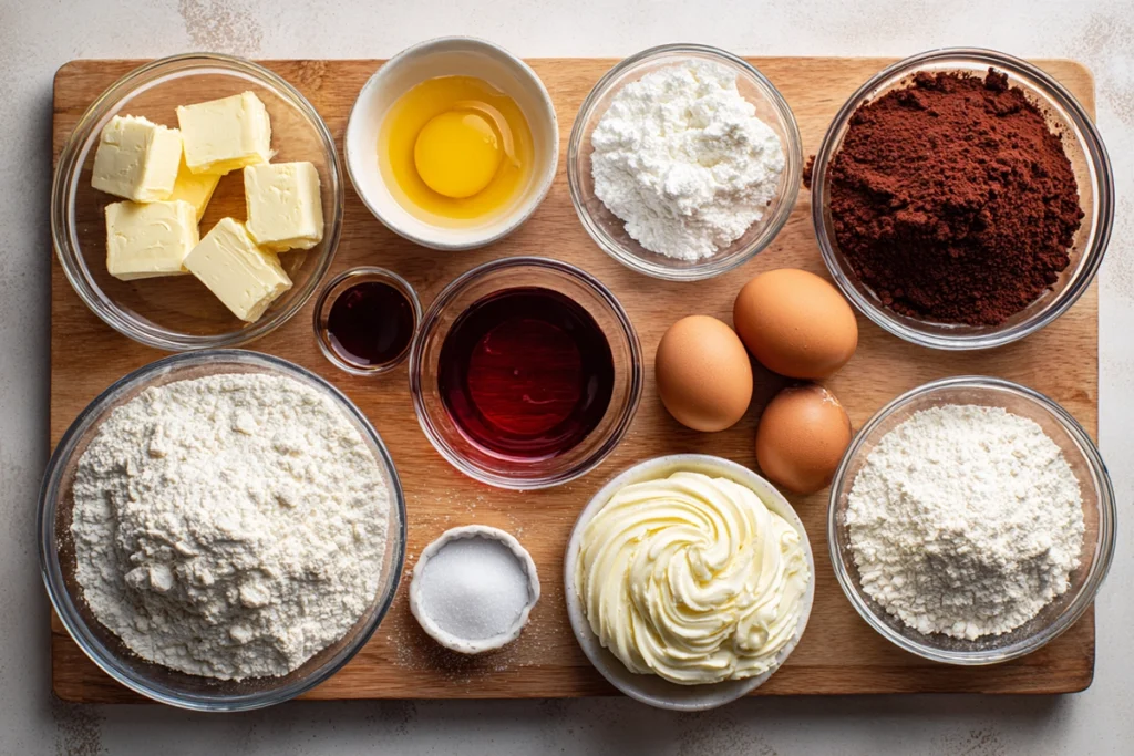 Ingredients for red velvet brownie cheesecake arranged neatly on a countertop