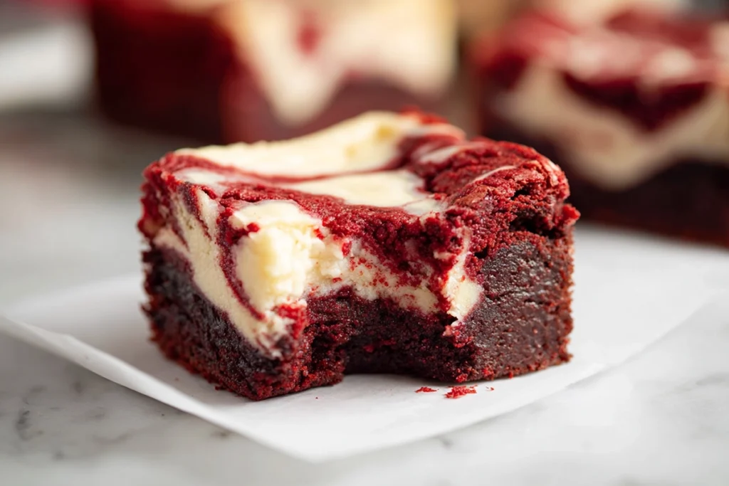 Cut red velvet brownie cheesecake showing fudgy texture and cheesecake swirl