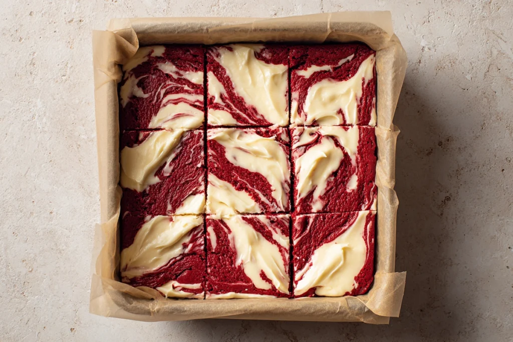 Cream cheese swirl added to red velvet brownie cheesecake before baking