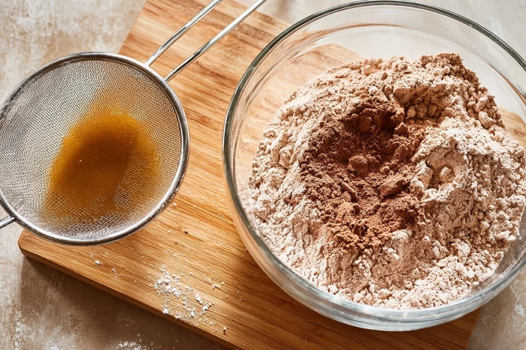 overhead shot of mixed dry ingredients for red velvet brownies