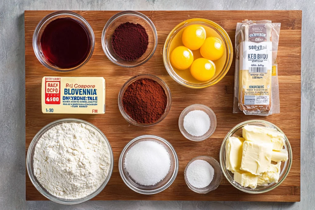 overhead photo of red velvet brownies ingredients arranged in glass bowls