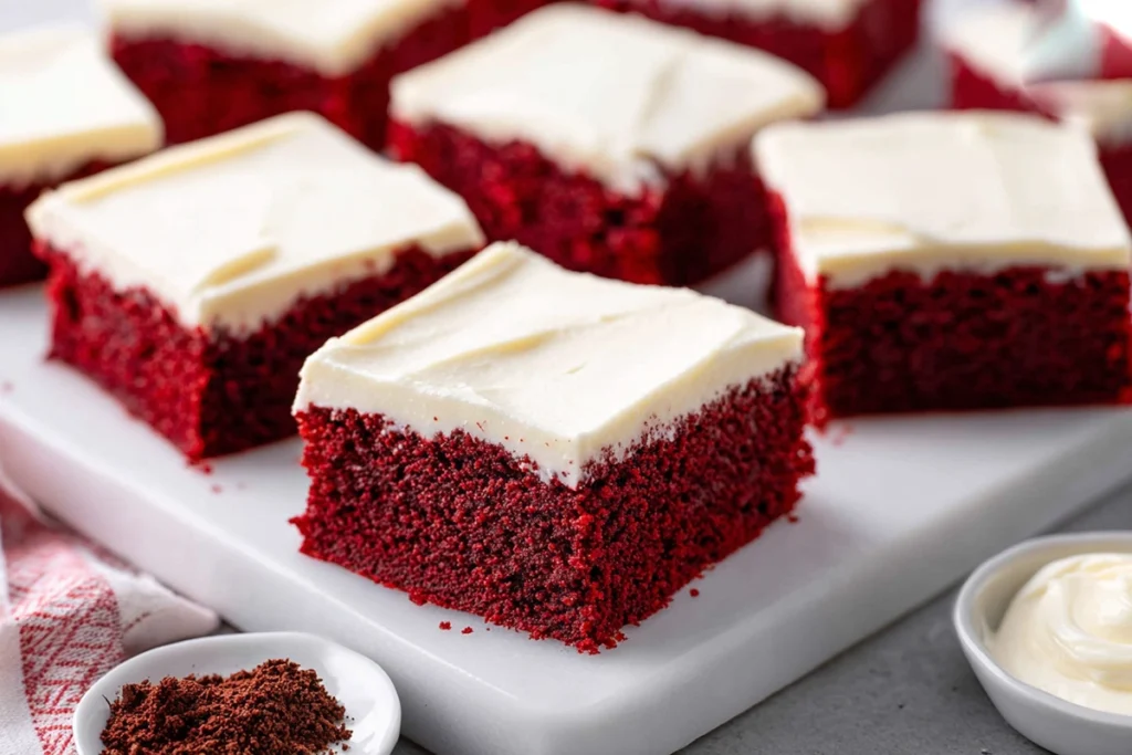 serving platter with red velvet brownies and cream cheese frosting