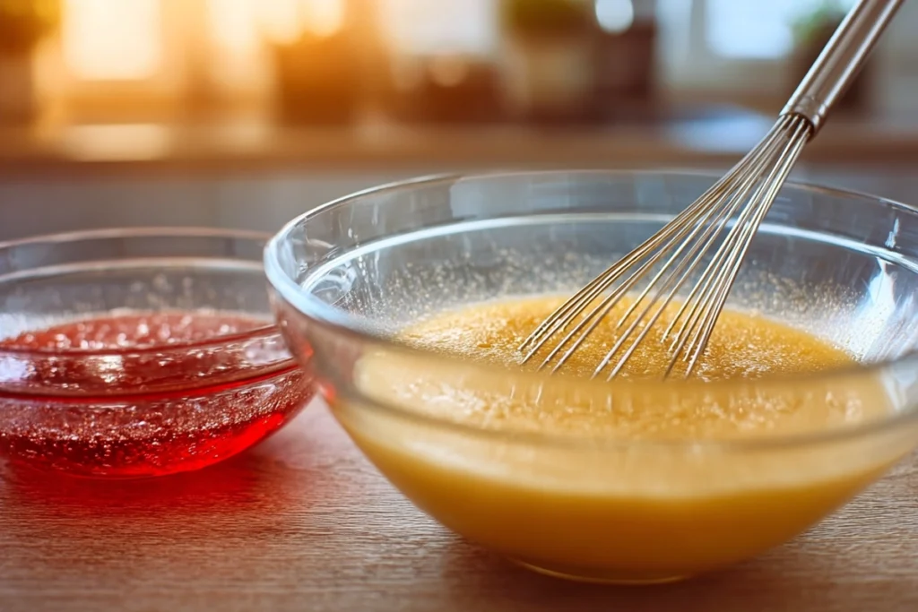 close-up whisked eggs and sugar mixture for red velvet brownies