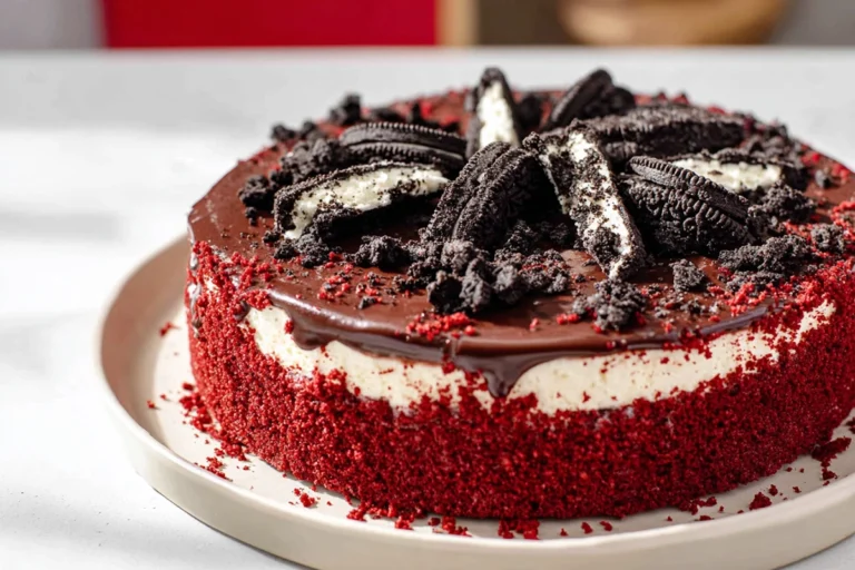 Red Velvet Oreo Cheesecake served on a modern plate in a cozy home kitchen