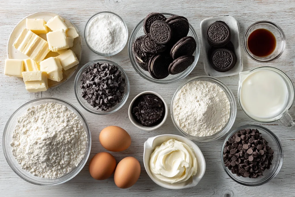 Ingredients for Red Velvet Oreo Cheesecake arranged neatly in a home kitchen