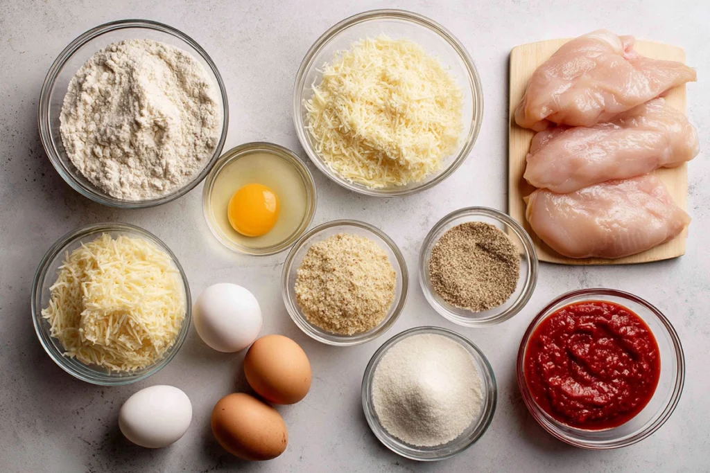 Ingredients for Parmesan Crusted Chicken Tenders arranged on a kitchen counter