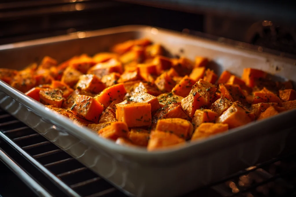 Sweet potatoes roasting for Ground Turkey Sweet Potato Casserole Recipe