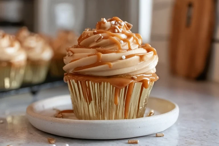 Salted caramel cupcakes with caramel frosting and drizzle on a plate