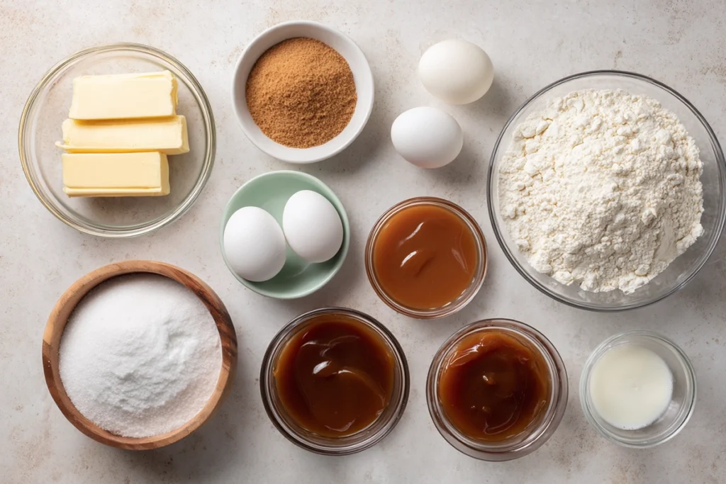 Ingredients for salted caramel cupcakes arranged overhead