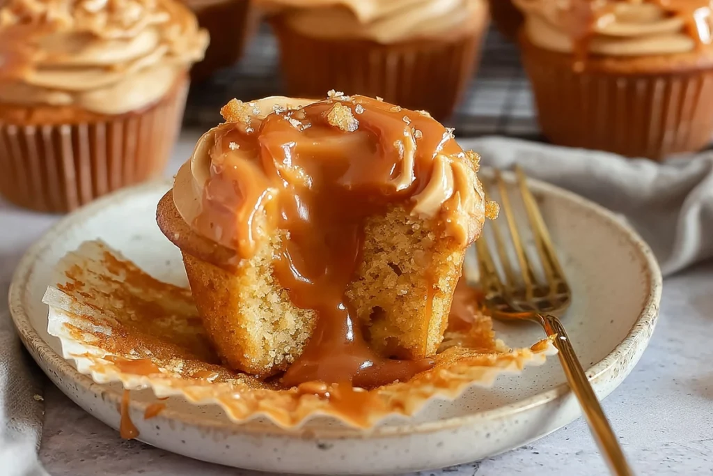 Salted caramel cupcakes with gooey caramel center