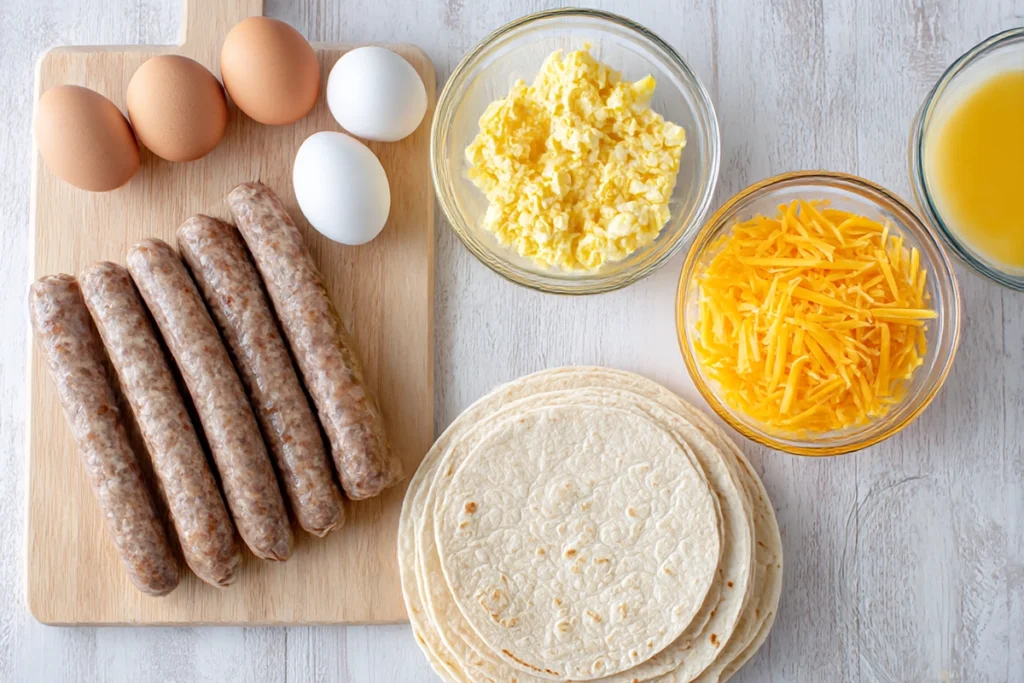 Ingredients for Easy Sausage Egg & Cheese Roll-Ups laid out neatly