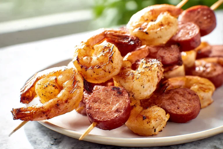 Sausage grilled shrimp kabobs served warm on a modern ceramic plate