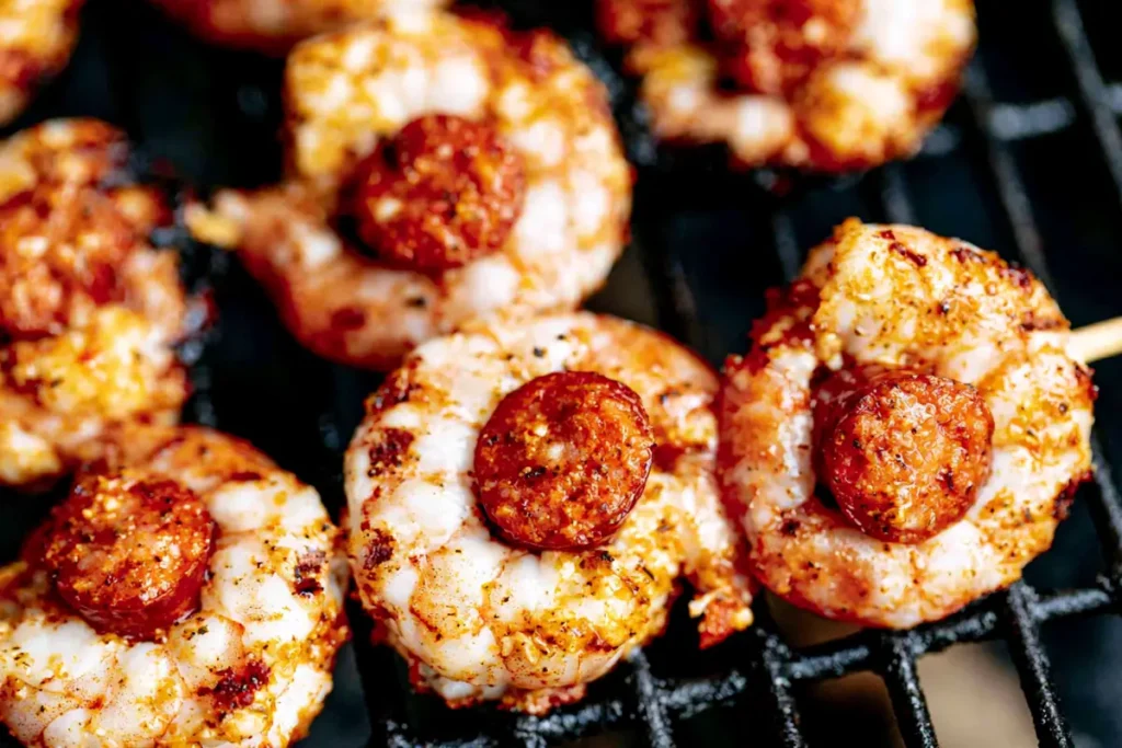 Sausage Grilled Shrimp Kabobs for a Fast Backyard Dinner 2 Sausage Grilled Shrimp Kabobs cooking on clean grill grates