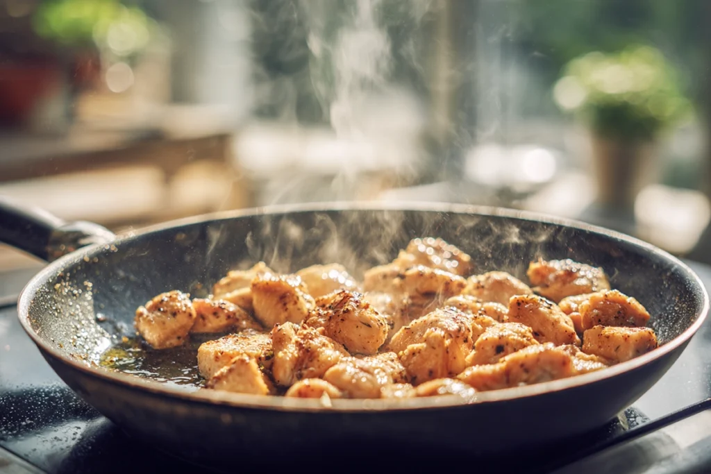 Chicken pieces sautéing in a skillet for Creamy Broccoli And Chicken Penne