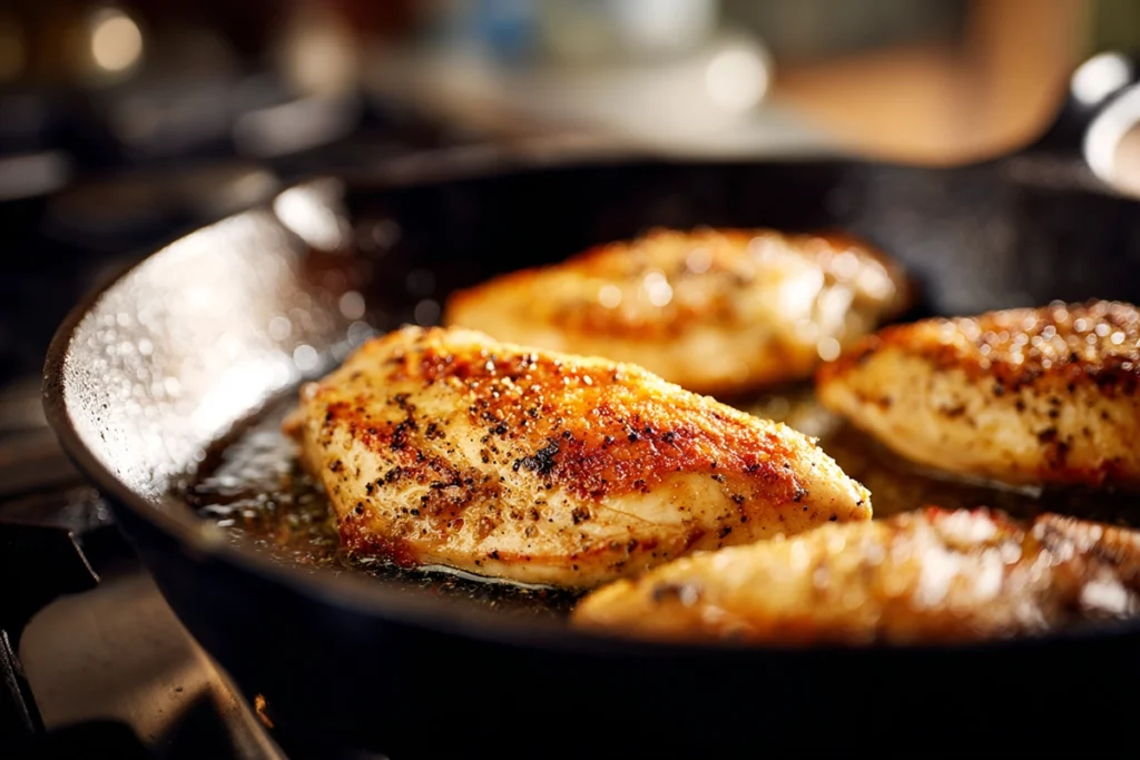 Chicken breasts searing in a skillet for Mediterranean Chicken Pasta Salad