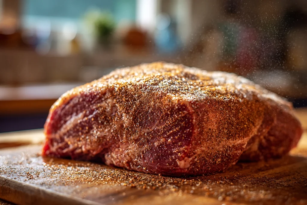 Seasoning a chuck roast for Traeger Mississippi Pot Roast Recipe before smoking