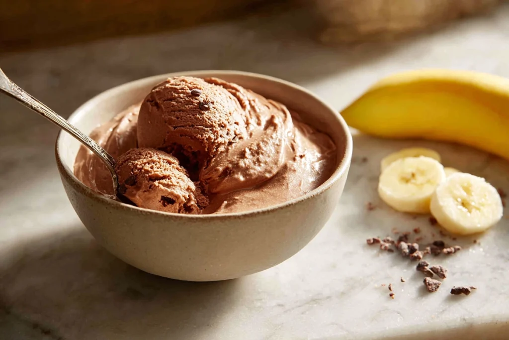 Serving a spoonful of healthy chocolate nice cream at home