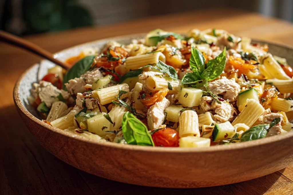 Mediterranean Chicken Pasta Salad served in a bowl ready to eat