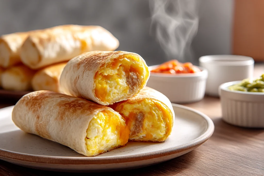 Easy Sausage Egg & Cheese Roll-Ups served warm and ready to eat