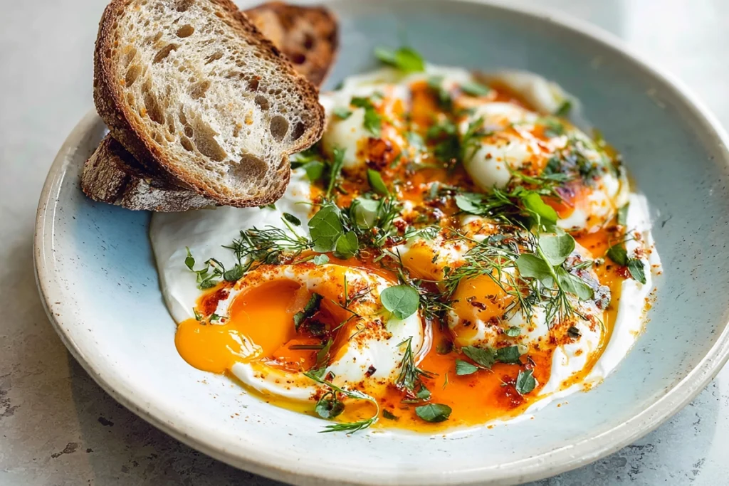 serving presentation of jammy eggs with chili butter and garlic yogurt