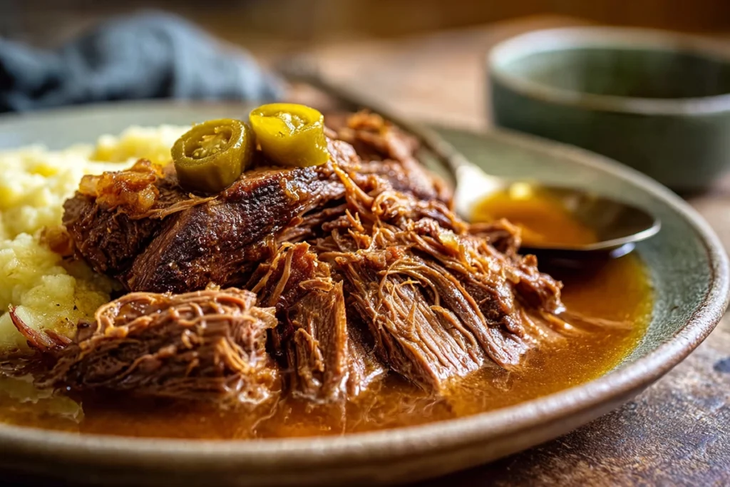 Traeger Mississippi Pot Roast Recipe served hot with pepperoncini and juices