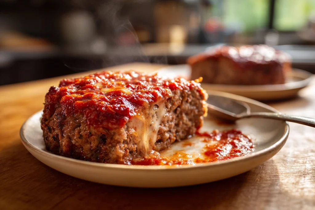 Traeger Pizza Meatloaf Recipe sliced and served warm in a home kitchen