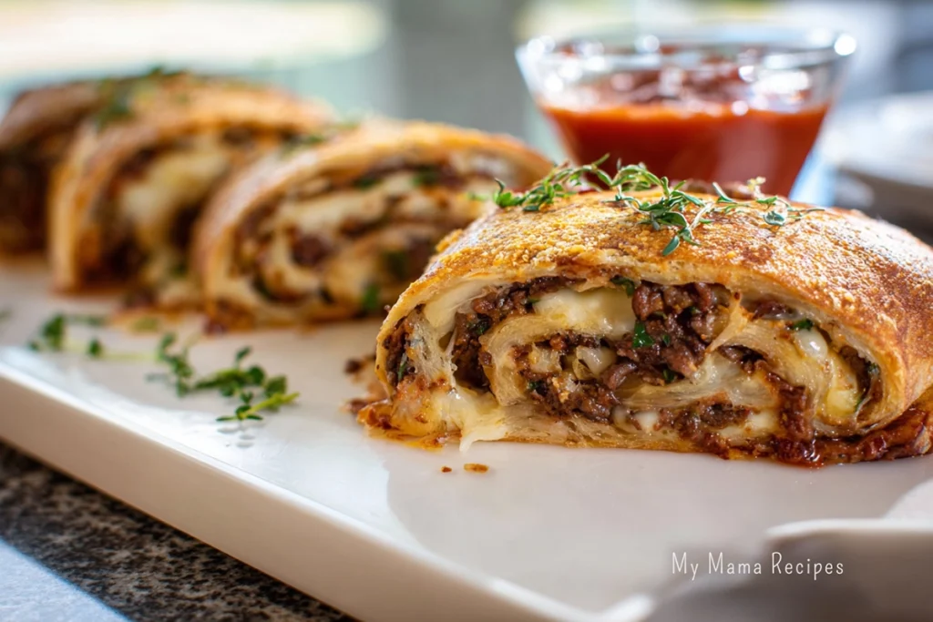sliced mozzarella cheesesteak stromboli served with marinara sauce