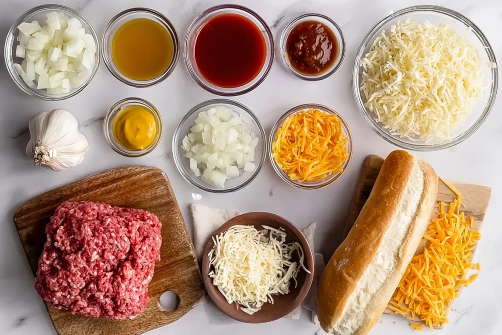 Overhead ingredients for homemade cheesy garlic bread sloppy joe melts arranged neatly in bowls