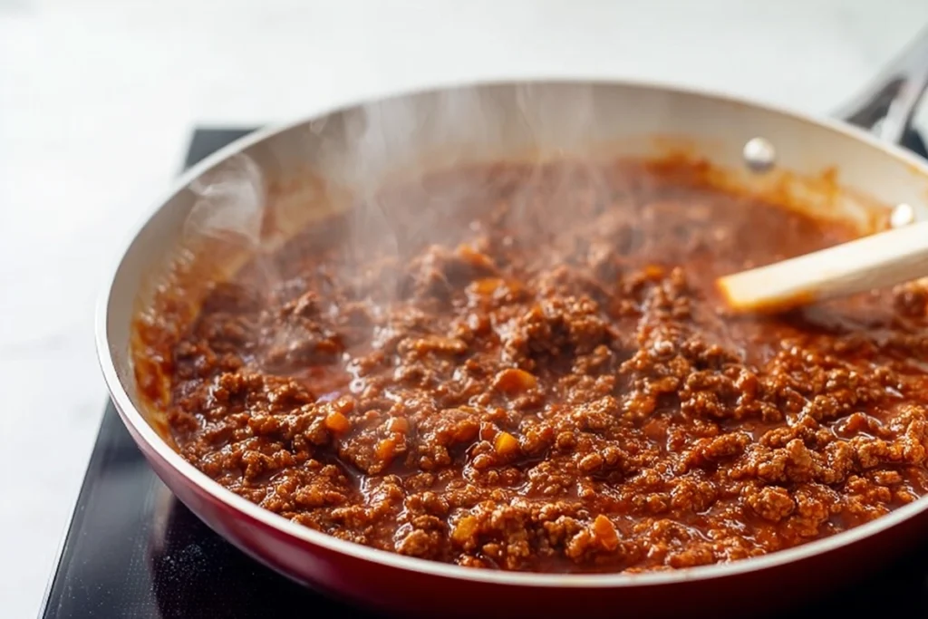Close-up of sloppy joe mixture simmering for cheesy garlic bread sloppy joe melts