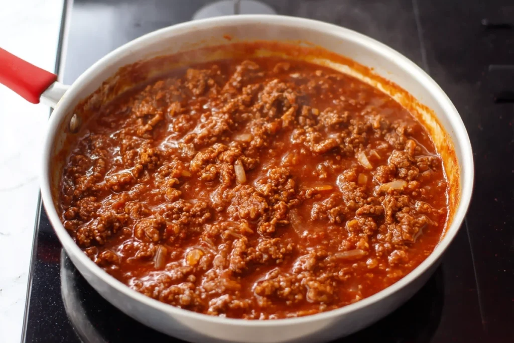 Sloppy joe sauce simmering for Cheesy Garlic Bread Sloppy Joe Melts
