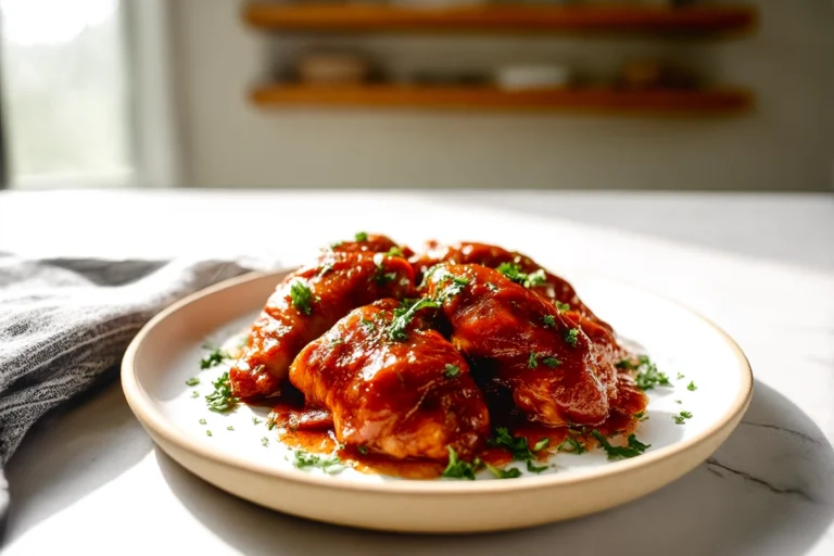 slow cooker bbq chicken thighs plated and ready to serve