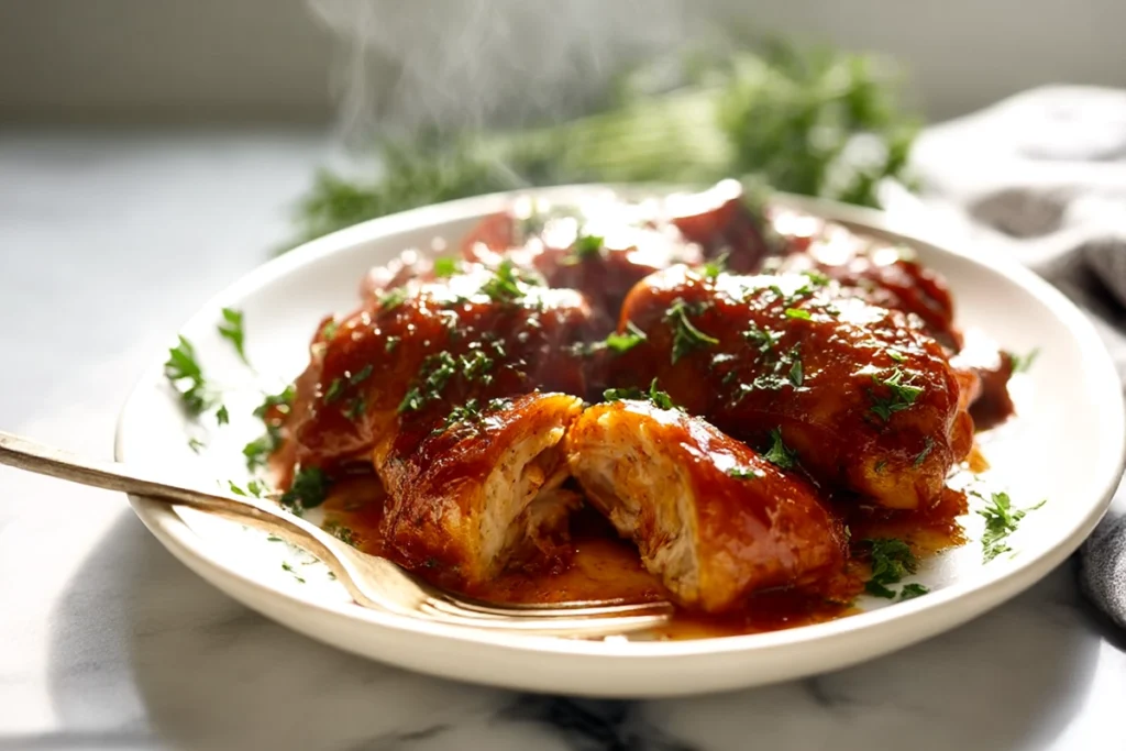 slow cooker bbq chicken thighs served hot and tender