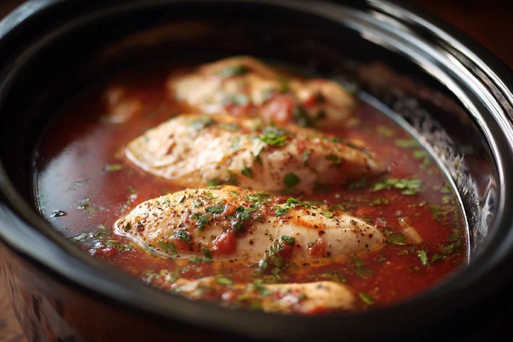 Easy Slow Cooker Chicken Burrito Bowl chicken cooking in salsa and spices