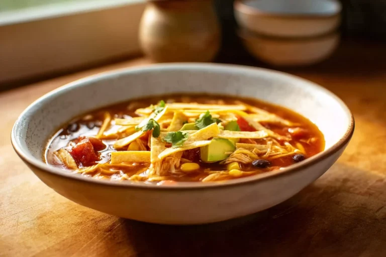 Slow Cooker Chicken Tortilla Soup served warm with tortilla strips in a cozy home kitchen