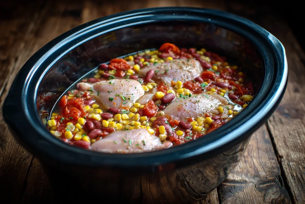 Slow Cooker Chicken Tortilla Soup ingredients layered inside a crockpot before cooking