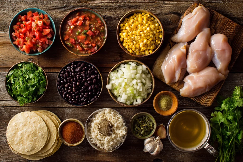 Ingredients for Slow Cooker Chicken Tortilla Soup arranged on a wooden kitchen counter